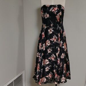 Strapless Black Floral Midi Dress - Elegant Pink Bloom Print